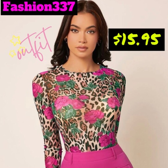 Super stylish cheetah print and hot pink roses long sleeve sheer top - Picture 3 of 3